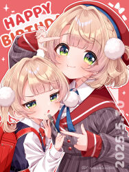 2girls :3 :o :t backpack bag beret blonde_hair blue_dress blush border buttons collared_shirt commentary_request dated double-breasted dress dress_shirt dual_persona finger_frame food food_on_face fork fukune_koko green_eyes grey_jacket grey_skirt hair_intakes hair_ornament happy_birthday hat highres holding holding_fork indie_virtual_youtuber jacket jitome long_sleeves looking_at_viewer multiple_girls one_side_up open_mouth outline outside_border pinafore_dress pink_background pinstripe_jacket pinstripe_pattern pinstripe_skirt pleated_skirt pom_pom_(clothes) pom_pom_hair_ornament randoseru red_bag red_border red_hat red_sailor_collar sailor_collar school_uniform shigure_ui_(vtuber) shigure_ui_(vtuber)_(1st_costume) shigure_ui_(vtuber)_(young) shirt short_hair simple_background skirt sleeveless sleeveless_dress time_paradox twitter_username virtual_youtuber white_outline white_shirt