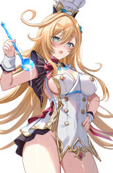 1girl apron bare_shoulders blue_eyes blush breasts chef_hat cleavage cowlick detached_collar escoffier_(genshin_impact) fork_hair_ornament genshin_impact harimoji hat highres knife ladle large_breasts long_hair looking_at_viewer open_mouth orange_hair sideboob solo thighs white_apron white_hat wrist_cuffs