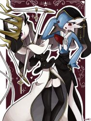 antenna_hair black_thighhighs black_veil blue_skin clothed_pokemon colored_skin gardevoir gen_3_pokemon gen_7_pokemon hair_over_one_eye highres inb795 multicolored_skin nintendo one_eye_closed pheromosa pokemon pokemon_(creature) purple_eyes red_eyes signature thighhighs two-tone_skin ultra_beast veil white_skin