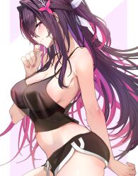 1girl azki_(hololive) bare_arms black_camisole black_hair black_shorts braid breasts camisole cleavage closed_mouth colored_inner_hair commentary_request crop_top dolphin_shorts double-parted_bangs from_side hair_intakes hair_ornament hairclip half_up_half_down_braid hand_up highres hololive large_breasts long_hair looking_at_viewer micro_shorts midriff multicolored_hair nail_polish navel no_bra omoti_(1201208) paid_reward_available pink_hair pink_nails purple_eyes revision see-through_silhouette shorts sideboob sidelocks simple_background smile solo spaghetti_strap streaked_hair very_long_hair virtual_youtuber white_hair