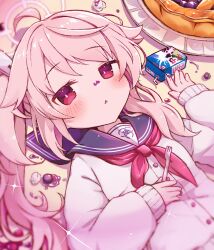 1girl ahoge atuudon black_sailor_collar blue_archive blush cardigan drinking_straw food fork halo holding holding_fork holding_milk_carton long_hair long_sleeves looking_at_viewer milk_carton natsu_(blue_archive) neckerchief parted_lips pink_hair pink_halo red_eyes red_neckerchief sailor_collar side_ponytail solo triangle_mouth upper_body white_cardigan