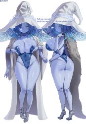 1girl alternate_costume areola_slip ass blue_eyes blue_hair blue_leotard blue_skin breasts colored_skin elden_ring english_text extra_faces hat highres huge_breasts jtveemo leotard looking_at_viewer multiple_views one_eye_closed ranni_the_witch simple_background standing thighs white_background white_hat witch_hat
