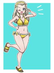 1girl asymmetrical_bangs bikini blonde_hair blue_background blue_eyes blush breasts clara_(girls_und_panzer) collarbone flip-flops frilled_bikini frills girls_und_panzer hairband hand_on_own_hip large_breasts long_hair navel one_eye_closed open_mouth ribbon sandals shoes side-tie_bikini_bottom simple_background smile standing standing_on_one_leg strap_slip swimsuit takahashi_kurage v yellow_bikini yellow_hairband yellow_ribbon yellow_shoes