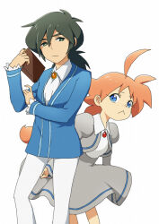1boy 1girl :&lt; :/ ahiru_(princess_tutu) ahoge black_hair book child closed_mouth fakir_(princess_tutu) freckles gold_crown_academy_school_uniform height_difference holding holding_book long_hair low_ponytail ponytail princess_tutu school_uniform simple_background spiked_hair triangle_mouth white_background