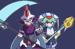 Rule 34 | 1boy, 1girl, absurdres, armor, blue background, blue hair, brother and sister, cowboy shot, crotch plate, energy blade, forehead jewel, green hair, helmet, highres, holding, holding scythe, long hair, mega man (series), mega man zx, model w (mega man), pandora (mega man), prometheus (mega man), purple armor, red eyes, san tsubaki, scythe, siblings, simple background, skull-shaped hat, staff, white armor, white helmet