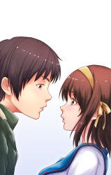 1boy 1girl blue_sailor_collar brown_eyes brown_hair coat commentary_request eye_contact face-to-face green_coat hair_ribbon hairband kita_high_school_uniform kyon looking_at_another open_mouth osuzu_akiomi ribbon sailor_collar school_uniform serafuku short_hair simple_background suzumiya_haruhi suzumiya_haruhi_no_yuuutsu upper_body white_background yellow_hairband yellow_ribbon