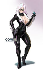 1girl absurdres black_bodysuit black_cat_(marvel) blue_eyes bodysuit breasts choker cleavage commentary commission domino_mask english_commentary felicia_hardy fur_trim hand_on_own_hip highres large_breasts long_hair marvel mask park_ongjol simple_background smile solo spider-man_(series) superhero_costume white_hair