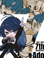 Rule 34 | 6+girls, ado (utaite), anniversary, black coat, black pants, blue eyes, blue hair, boxing gloves, braid, braided bangs, chando (ado), chibi, clenched teeth, closed mouth, cloud nine inc, coat, collared shirt, colored inner hair, commentary, english commentary, eyepatch, gira gira, gloves, hair over one eye, highres, holding, holding microphone, index finger raised, long hair, long sleeves, looking at viewer, lugosi (ado), microphone, mixed-language commentary, mole, mole under eye, multicolored hair, multiple girls, naima (ado), odo (song), one piece, one piece film: red, open clothes, open coat, open mouth, orange hair, pants, parted lips, riseno, sharp teeth, shirt, show (ado), split-color hair, teeth, tinted eyewear, twintails, two-tone hair, usseewa, uta (one piece), utaite, voice actor connection, white gloves, white hair, white shirt, yellow-tinted eyewear, yellow eyes