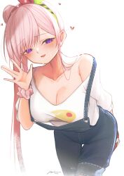 1girl absurdres airani_iofifteen airani_iofifteen_(1st_costume) alternate_breast_size baggy_clothes blue_overalls box breasts cleavage commentary cowboy_shot denim_overalls english_commentary green_hairband hair_bun hairband heart heart-shaped_box highres hololive hololive_indonesia large_breasts leaning_forward long_hair looking_at_viewer loose_clothes loose_hair_strand no_hair_ornament off_shoulder overalls paint_palette pants pants_rolled_up parkiranhonda pink_hair pink_hairband pink_scrunchie print_sweater purple_eyes salute scrunchie side_ponytail side_up_bun simple_background single_bare_shoulder solo strap_slip sweater swept_bangs three-quarter_sleeves two-tone_hairband valentine very_long_hair virtual_youtuber vulcan_salute waving white_background white_sweater wrist_scrunchie