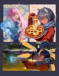 1girl 1other :&lt; :o absurdres ahoge aiming androgynous animal_ear_fluff animal_ears arm_around_shoulder black_gloves black_pants blue_hair blue_jacket blue_scarf brown_coat cat_ears celeste_(video_game) closed_mouth coat colored_sclera commentary cowboy_shot crossover down_jacket english_commentary food from_side gloves gun handgun heart highres holding holding_food holding_gun holding_heart holding_pizza holding_plate holding_weapon humanoid_robot indie_cross jacket long_hair long_sleeves looking_ahead looking_at_food looking_down looking_to_the_side looking_up madeline_(celeste) multiple_crossover multiple_views niko_(oneshot) no_headwear notice_lines oneshot_(game) pants parted_lips pepperoni pepperoni_pizza pink_eyes pink_hair pizza pizza_slice plate pointing robot scarf shadches72 striped_clothes striped_scarf ultrakill upper_body v1_(ultrakill) vertical-striped_clothes vertical-striped_scarf weapon wings yellow_eyes yellow_sclera