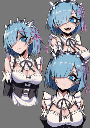 1girl absurdres anger_vein blue_eyes blue_hair breasts cleavage commentary_request cropped_torso detached_sleeves frown grey_background hair_ornament hair_over_one_eye hair_ribbon highres large_breasts looking_at_viewer maid maid_headdress multiple_views nagainegi open_mouth pink_ribbon re:zero_kara_hajimeru_isekai_seikatsu rem_(re:zero) ribbon roswaal_mansion_maid_uniform short_hair simple_background x_hair_ornament