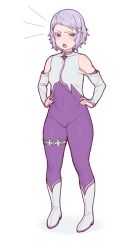 Rule 34 | 1girl, angry, bare shoulders, belt, bodystocking, boots, covered navel, dot nose, elf, eyelashes, fday, fortuna (re:zero), full body, hair ornament, hairclip, hands on own hips, highres, impossible clothes, long sleeves, looking at viewer, navel, open mouth, pointy ears, purple eyes, re:zero kara hajimeru isekai seikatsu, short hair, solo, standing, thigh belt, thigh strap, tight clothes, white background, white hair