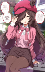 Rule 34 | 1girl, alternate costume, animal ears, black hair, blurry, blurry background, breasts, closed eyes, commentary, commentary request, english commentary, english text, hair between eyes, hair ornament, hat, highres, horse ears, horse girl, horse tail, looking at viewer, open mouth, rice shower (umamusume), sheita, sitting, solo, tail, umamusume