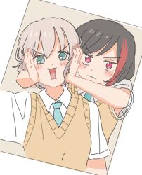 Rule 34 | 2girls, annoyed, aoba moca, aqua eyes, arm at side, bang dream!, black hair, blue necktie, blush stickers, border, brown vest, cheek squash, closed mouth, collared shirt, grey background, hands on another&#039;s cheeks, hands on another&#039;s face, haneoka school uniform, hyfy z, light frown, looking at viewer, medium hair, mitake ran, multicolored hair, multiple girls, necktie, open mouth, outstretched arm, pink eyes, red hair, school uniform, shirt, short sleeves, simple background, streaked hair, sweater vest, swept bangs, upper body, v-shaped eyebrows, vest, white border, white shirt