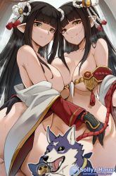 2girls ass black_gloves black_hair blunt_bangs blush breasts canyne convenient_censoring felyne fewer_digits gloves hair_ornament hinoa japanese_clothes large_breasts long_hair looking_at_viewer minoto monster_hunter_(series) monster_hunter_rise multiple_girls pointy_ears siblings sisters smile sollyz twins yellow_eyes