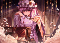 1girl absurdres artist_name blue_ribbon bubble cauldron check_commentary commentary_request crescent crescent_hat_ornament desk expressionless foam gradient_background hat hat_ornament hat_ribbon highres long_hair looking_at_viewer mob_cap one_eye_closed own_hands_together patchouli_knowledge purple_eyes purple_hair red_ribbon ribbon robe solo top-exerou touhou very_long_hair watermark wide_sleeves
