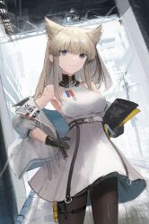 Rule 34 | 1girl, absurdres, arknights, arknights: endfield, bare shoulders, black gloves, blonde hair, blue eyes, blunt bangs, breasts, brown pantyhose, closed mouth, cowboy shot, dress, ema (kuguiema), endfield industries logo, gloves, highres, jacket, medium breasts, medium hair, off shoulder, pantyhose, perlica (arknights), sleeveless, sleeveless dress, smile, solo, split mouth, standing, white dress, white jacket, yellow pupils