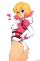 artist_name ass blonde_hair blue_eyes bodysuit breasts commentary english_commentary gradient_hair gwenpool hand_on_own_hip heart highres looking_at_viewer marvel medium_breasts multicolored_hair pink_hair short_hair simple_background smgold smile thighs white_background