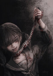 1girl absurdres arai_bokuseki blood blood_on_clothes blood_on_hands blood_on_rope blunt_bangs brown_eyes brown_hair brown_serafuku brown_theme hair_ornament hairclip highres holding holding_rope horror_(theme) original piercing rope rope_around_neck school_uniform serafuku smile solo teeth tongue tongue_out tongue_piercing twintails