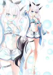 1girl absurdres ahoge animal_ear_fluff animal_ears ayana_haku bikini black_bikini black_bow blue_bikini blush bow braid breasts commentary_request earrings extra_ears fox_ears fox_girl fox_shadow_puppet fox_tail frilled_bikini_top green_eyes hair_between_eyes hair_bow highres hololive jacket jacket_over_swimsuit jewelry layered_bikini leg_up long_hair looking_at_viewer medium_breasts navel pentagram ponytail sandals shirakami_fubuki shorts sidelocks single_braid smile solo swimsuit tail thigh_strap virtual_youtuber white_hair white_jacket white_sandals white_shorts