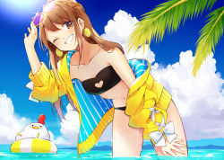 1girl adjusting_eyewear animal_themed_eyewear bikini bird black_bikini braid breasts brown_eyes brown_hair chicken cleavage_cutout clothing_cutout cloud collarbone commentary_request day earrings grin hand_on_own_leg hazuki_natsu heart_cutout innertube jacket jewelry lace-up_sleeves leaning_forward long_hair long_sleeves nail_polish off_shoulder one_eye_closed original outdoors palm_leaf ribbon small_breasts smile solo strapless strapless_bikini striped swim_ring swimsuit wading white_ribbon yellow_jacket yellow_nails