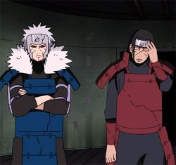 animated animated_gif armor black_shirt blue_armor closed_eyes cracked_armor cracked_clothes cracked_skin cropped crossed_arms dark-skinned_male brown_hair dark_skin edo_tensei facepalm facial_mark family fluffy_collar forehead_protector frown grey_hair hand_on_own_cheek hand_on_own_face long_hair long_sleeves narrowed_eyes naruto_(series) naruto_shippuuden red_armor scar scar_on_face senju_hashirama senju_tobirama serious shirt siblings