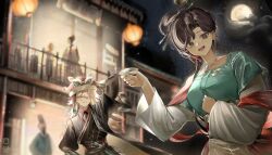 2girls :d architecture arm_behind_head arm_up backlighting black_eyes black_hair black_hanfu blonde_hair blue_eyes blurry blurry_background chinese_clothes chinese_hairpin cup dipper east_asian_architecture full_moon green_shirt grin hair_bun hair_over_shoulder hands_up hanfu highres holding holding_cup hutou_hat jiu_niangzi lantern layered_sleeves lilya_(reverse:1999) long_hair long_sleeves looking_at_another looking_at_viewer maruma_gozu moon multiple_girls night night_sky open_mouth outdoors paper_lantern people red_shawl reverse:1999 shawl shirt short_over_long_sleeves short_sleeves single_side_bun skirt sky smile upper_body white_sleeves yellow_skirt