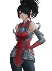 1girl absurdres akali armor artelsia black_hair breasts circlet closed_mouth cosplay cowboy_shot hair_ribbon hand_on_own_hip high_ponytail highres irelia irelia_(cosplay) league_of_legends lips looking_at_viewer pants ponytail red_eyes ribbon shoulder_tattoo simple_background small_breasts solo tattoo white_background