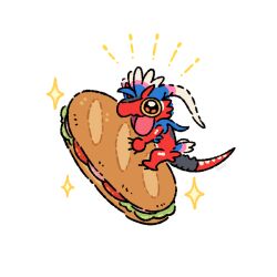 bread commentary commission creatures_(company) dragon dragon_tail english_commentary food full_body game_freak ko-fi_commission koraidon nintendo open_mouth plainwhite pokemon pokemon_(creature) sandwich simple_background smile sparkle tail tomato tomato_slice undersized_animal white_background