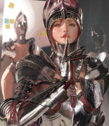 1girl armor commentary couter english_commentary gauntlets gorget helm helmet highres index_finger_raised knight looking_at_viewer original pauldrons plate_armor red_hair rerebrace sangsoo_jeong shoulder_armor sticky_note upper_body vambraces whiteboard