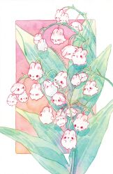 Rule 34 | animal, animal focus, artist name, flower, fluffy, highres, lily of the valley, no humans, onedayfour, original, painting (medium), plant, rabbit, traditional media, watercolor (medium), white background, white flower, white fur