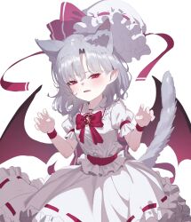 Rule 34 | 1girl, animal ear fluff, animal ears, bat wings, blush, bow, bowtie, cat ears, cat tail, center frills, claw pose, collared shirt, cowboy shot, fang, frilled shirt collar, frills, hat, hat ribbon, heoningu, highres, kemonomimi mode, looking at viewer, medium hair, mob cap, parted lips, pointy ears, puffy short sleeves, puffy sleeves, purple hair, red bow, red bowtie, red eyes, red ribbon, remilia scarlet, ribbon, ribbon-trimmed skirt, ribbon trim, shirt, short sleeves, skin fang, skirt, solo, tail, touhou, white background, white hat, white shirt, white skirt, wings, wrist cuffs