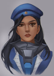 1girl absurdres aged_down ana_(overwatch) artist_name beret black_hair blue_jacket brown_eyes captain_amari close-up dark-skinned_female dark_skin eyelashes eyeliner eyeshadow facial_mark facial_tattoo female_focus grey_background hat highres jacket lips long_hair looking_at_viewer makeup nose official_alternate_costume overwatch overwatch_1 parted_lips portrait realistic reika_(reikadraws) signature simple_background smile solo tattoo teeth upper_teeth_only