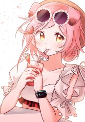 1girl animal_ears arknights bendy_straw bikini blush breasts brown_headwear cat_ears cleavage closed_mouth collarbone commentary cup drinking_glass drinking_straw eyewear_on_head food food-themed_hair_ornament fruit goldenglow_(arknights) goldenglow_(summer_flowers)_(arknights) hair_bun hair_ornament hands_up highres holding holding_cup looking_at_viewer medium_breasts one-hour_drawing_challenge pink_hair puffy_short_sleeves puffy_sleeves rinzy round_eyewear short_sleeves simple_background smile solo sunglasses swimsuit upper_body watermelon watermelon_hair_ornament watermelon_slice white_background white_bikini yellow_eyes