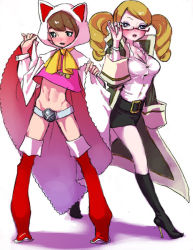 1990s_(style) 1boy 1girl adjusting_eyewear animal_hood arc arc_(ff3) bad_id bad_pixiv_id belt belt_skirt blush boots breasts brown_hair cape cat_hood cleavage coat codpiece devout drill_hair final_fantasy final_fantasy_iii glasses high_heel_boots high_heels hood kneehighs long_hair medium_breasts navel noromi orange_hair pinky_out refia retro_artstyle scholar_(final_fantasy) seer shoes skirt socks stiletto_heels thigh_boots thighhighs trap white_mage_(final_fantasy)