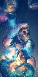 1girl antenna_hair artist_name balloon black_dress black_hair blunt_bangs bow bowtie closed_eyes dress highres holding holding_balloon light long_sleeves night original outdoors short_hair sidelocks sky smile solo too_many_balloons upper_body yuumei