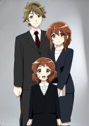 1boy 2girls aged_up brown_eyes brown_hair child commentary family formal_clothes hibike!_euphonium highres husband_and_wife if_they_mated multiple_girls necktie oumae_kumiko ponytail rainen_no_natsu_mo sidelocks simple_background skirt smile suit tsukamoto_shuuichi white_background