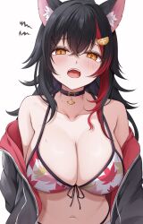 1girl 7nopi absurdres animal_ear_fluff animal_ears bikini black_hair black_jacket blush breasts cleavage commentary_request crossed_bangs double-parted_bangs flipped_hair front-tie_bikini_top front-tie_top hair_behind_ear hair_ornament hairclip highleg highleg_bikini highres hololive jacket large_breasts leaf_print long_hair looking_at_viewer multicolored_hair navel off_shoulder official_alternate_costume official_alternate_hairstyle ookami_mio ookami_mio_(hololive_summer_2019) open_clothes open_jacket open_mouth print_bikini red_hair red_jacket sidelocks simple_background solo spiked_hair stomach straight-on streaked_hair swimsuit teeth two-sided_fabric two-sided_jacket two-tone_hair upper_body upper_teeth_only virtual_youtuber white_background white_bikini wide_ponytail wolf_ears wolf_girl yellow_eyes