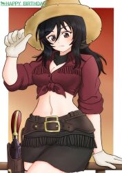 Rule 34 | 1girl, absurdres, adjusting clothes, adjusting headwear, amanone yun, bandana, belle (girls und panzer), belt, birthday, black bandana, black belt, black eyes, black hair, black skirt, breasts, brown hat, cleavage, commentary, cowboy shot, fringe trim, front-tie top, girls und panzer, gloves, grey gloves, gun, handgun, happy birthday, hat, highres, holster, long sleeves, looking at viewer, medium breasts, medium hair, midriff, miniskirt, navel, railing, red shirt, revolver, shirt, skirt, sleeves rolled up, solo, standing, straw hat, weapon