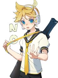 1boy bass_clef black_collar black_shorts blonde_hair blue_eyes blush carrying_over_shoulder collar headphones headset highres holding_strap instrument_case kagamine_len light_blush looking_at_viewer male_focus motu0505 necktie no open_mouth outstretched_hand ponytail sailor_collar school_uniform shirt short_ponytail short_sleeves shorts solo spiked_hair sweat upper_body v-shaped_eyebrows vocaloid white_background white_shirt yellow_necktie