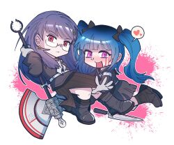 2girls amemiya_darumi axe black_boots black_hair black_skirt blue_hair boots closed_mouth ear_piercing earrings female_focus full_body glasses holding holding_axe holding_weapon jewelry last_defense_academy_school_uniform lips long_hair looking_at_viewer multiple_girls open_mouth piercing pink_background pink_eyes pleated_skirt purple_hair red_eyes shizuhara_hiruko simple_background skirt the_hundred_line_-last_defense_academy- twintails weapon white_background