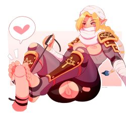 1girl bandaged_arm bandaged_head bandages blonde_hair breasts breasts_out earrings feet femdom foot_focus footjob functionally_nude highres jewelry medium_breasts nintendo nipples nonamoth penis pussy pussy_cutout sheik teasing the_legend_of_zelda the_legend_of_zelda:_ocarina_of_time two-footed_footjob uncensored
