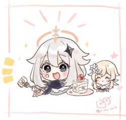 2girls :d blonde_hair blush cake cake_slice chibi commentary_request cropped_torso flower food food_on_face fork fruit genshin_impact grey_eyes grey_hair hair_between_eyes hair_flower hair_ornament halo holding holding_fork looking_at_viewer lumine_(genshin_impact) multiple_girls notice_lines open_mouth paimon_(genshin_impact) rino_cnc smile solo_focus strawberry twitter_username upper_body white_background white_flower