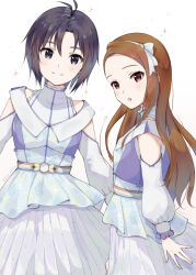 2girls :o antenna_hair black_eyes black_hair brown_eyes brown_hair closed_mouth cowboy_shot dress hairband idolmaster idolmaster_(classic) kikuchi_makoto long_hair long_sleeves looking_at_viewer minase_iori mogskg multiple_girls short_hair simple_background smile sparkle standing white_background white_hairband