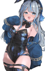 1girl :d alternate_costume amagai_ruka appleseed_(appleseed_art) bare_shoulders black_bow black_bowtie black_gloves black_leotard black_thighhighs blue_eyes blue_hair blue_hat blue_jacket bow bowtie braid breasts center-flap_bangs cleavage commentary covered_navel cowboy_shot cross-laced_clothes cross-laced_leotard detached_collar double-parted_bangs earrings elbow_gloves fang gloves grey_hair hat highres jacket jacket_partially_removed jewelry large_breasts legwear_garter leotard long_hair looking_at_viewer multicolored_hair open_mouth playboy_bunny side_braids simple_background sleeves_past_fingers sleeves_past_wrists smile solo strapless strapless_leotard streaked_hair thighhighs virtual_youtuber weather_planet white_background
