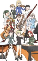 501st_joint_fighter_wing 6+girls artist_request black_hair black_pantyhose blonde_hair blue_jacket brown_hair cello charlotte_e._yeager eila_ilmatar_juutilainen erica_hartmann eyepatch francesca_lucchini french_horn gertrud_barkhorn glasses green_jacket green_necktie highres instrument jacket long_hair lynette_bishop marimba military military_uniform minna-dietlinde_wilcke miyafuji_yoshika multiple_girls necktie no_pants orange_hair pantyhose perrine_h._clostermann piano red_hair sakamoto_mio sanya_v._litvyak school_uniform shoes short_hair simple_background sitting standing strike_witches striped_clothes striped_thighhighs thighhighs trumpet violin white_background white_jacket white_pantyhose world_witches_series