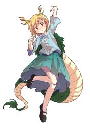 1girl alphes_(style) antlers aqua_skirt arm_up black_shoes blonde_hair blue_bow blue_shirt blush bow collarbone commentary_request dairi dragon_girl dragon_tail fighting_stance full_body highres horns kicchou_yachie large_variant_set looking_at_viewer mary_janes medium_skirt parody parted_lips red_eyes shirt shoes short_hair skirt socks solo standing standing_on_one_leg style_parody tachi-e tail touhou transparent_background turtle_shell variant_set white_socks