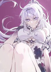 1girl absurdres blue_eyes breasts commentary dress english_commentary highres honkai_(series) honkai_impact_3rd kiana_kaslana kiana_kaslana_(herrscher_of_finality) knees_up large_breasts long_hair parted_lips ponytail purple_background rino_ebe sitting solo symbol-shaped_pupils white_dress white_hair