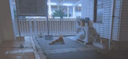 ceiling_light commentary_request condenser_unit fence highres industrial_pipe map_(object) no_humans original outdoors plant potted_plant scenery tounami traffic_cone tree window