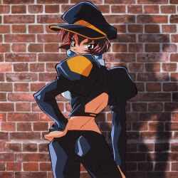 1990s_(style) 1girl brick_wall earrings hand_on_own_hip hat jewelry juliet_sleeves lipstick long_sleeves looking_at_viewer looking_back makeup non-web_source official_art peaked_cap puffy_sleeves red_eyes red_hair retro_artstyle saber_marionette_j shimamura_hidekazu short_hair smile solo standing tiger_(saber_j)